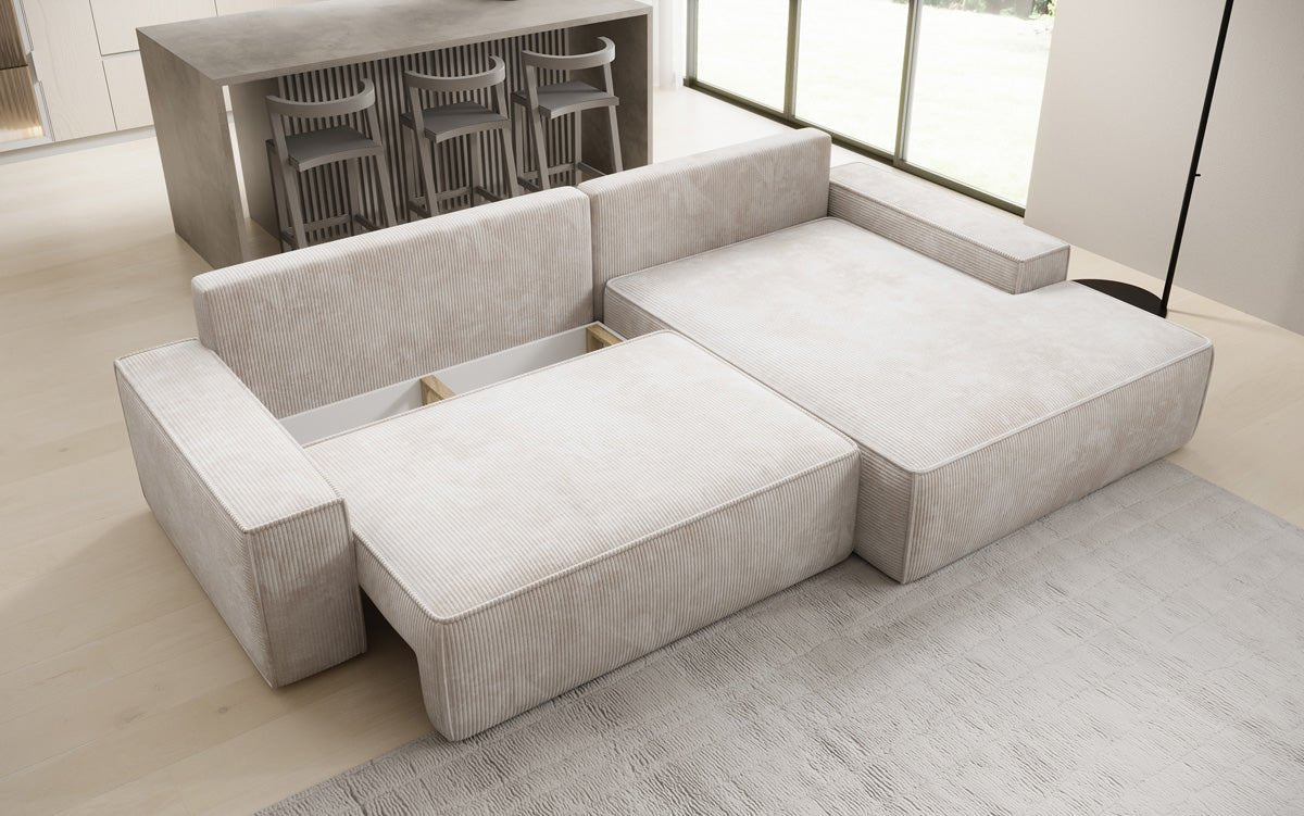 Designer Sofa Verona with wide ottoman, sleeper and folding function in Corduroy