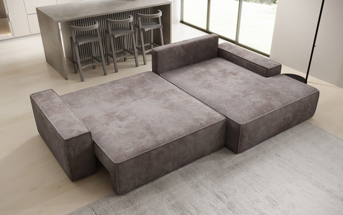 Designer Sofa Verona with wide ottoman, sleeper and folding function in Corduroy