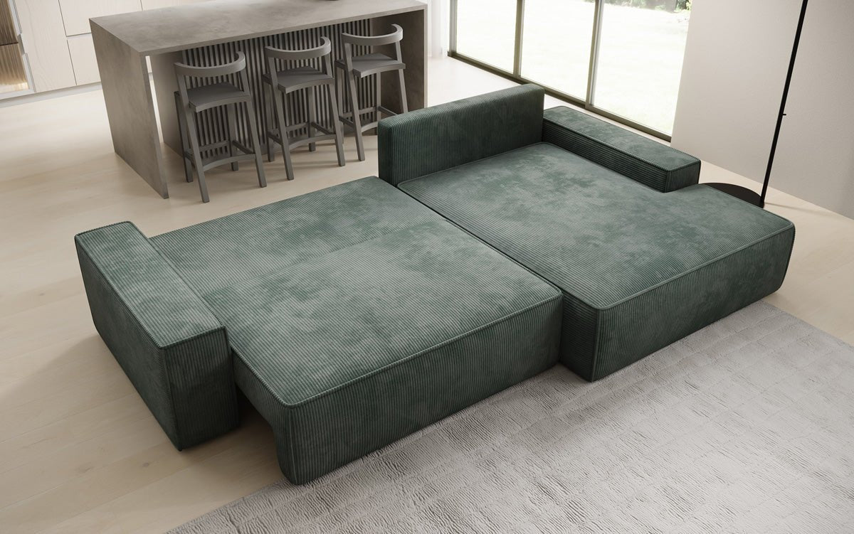 Designer Sofa Verona with wide ottoman, sleeper and folding function in Corduroy