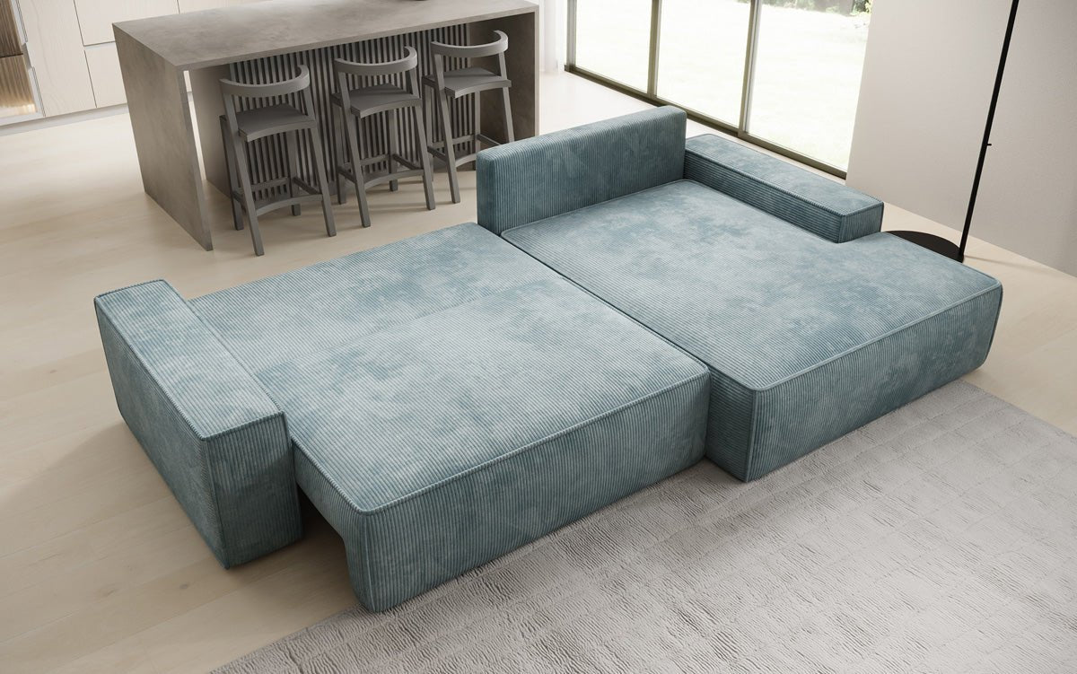 Designer Sofa Verona with wide ottoman, sleeper and folding function in Corduroy