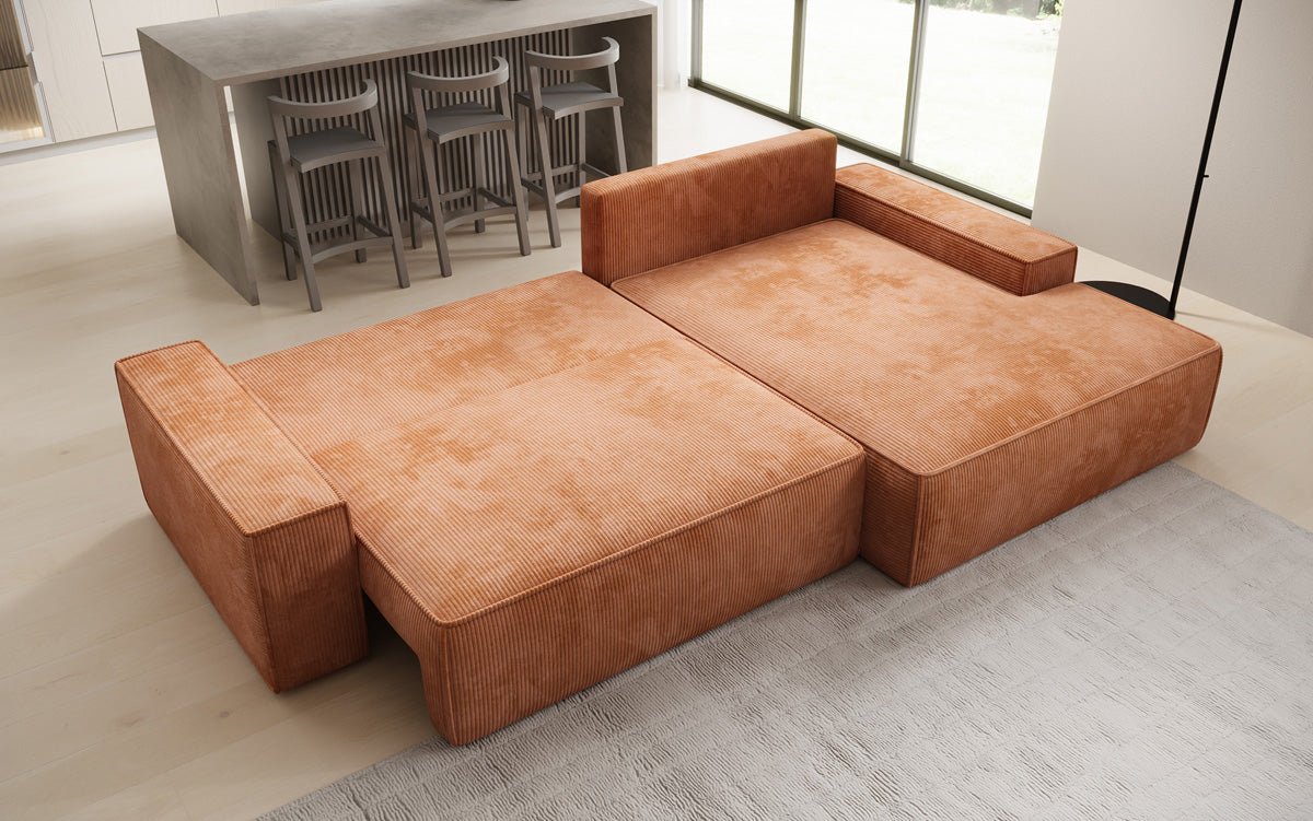 Designer Sofa Verona with wide ottoman, sleeper and folding function in Corduroy