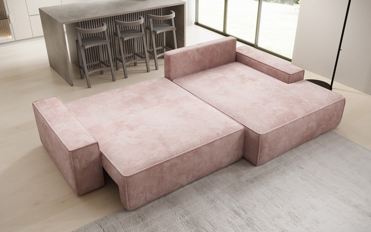 Designer Sofa Verona with wide ottoman, sleeper and folding function in Corduroy
