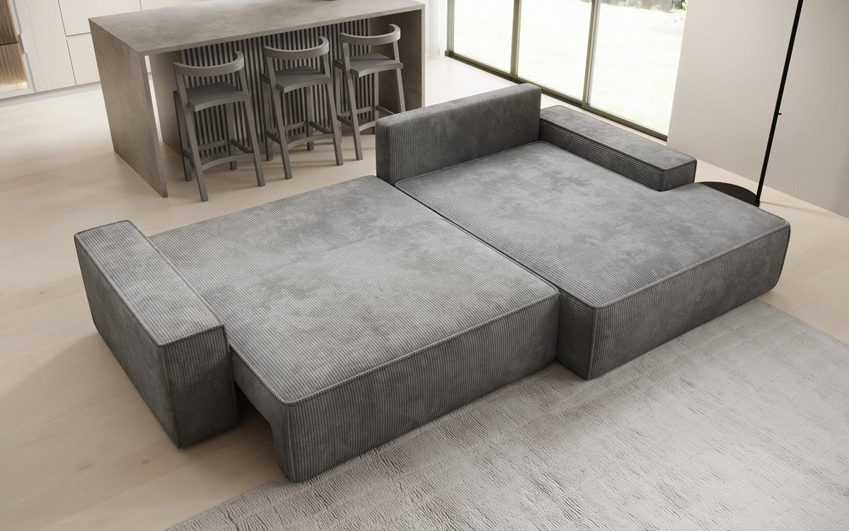 Designer Sofa Verona with wide ottoman, sleeper and folding function in Corduroy