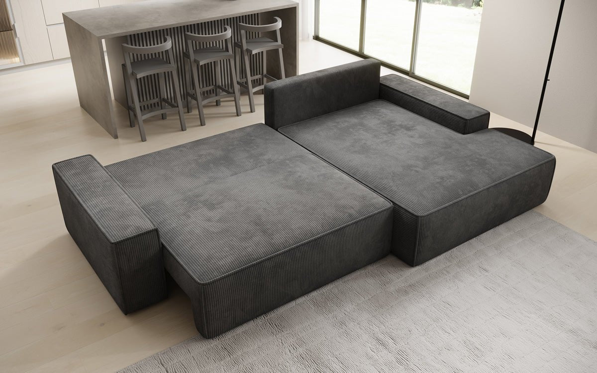 Designer Sofa Verona with wide ottoman, sleeper and folding function in Corduroy