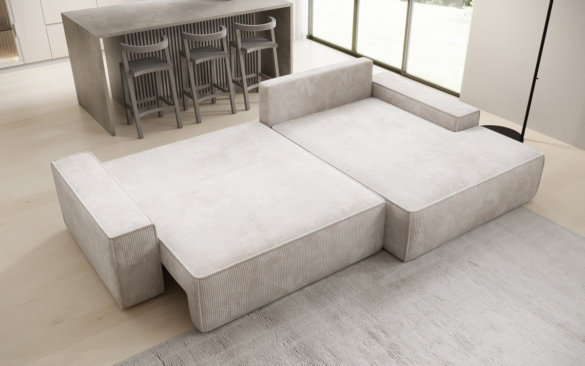 Designer Sofa Verona with wide ottoman, sleeper and folding function in Corduroy