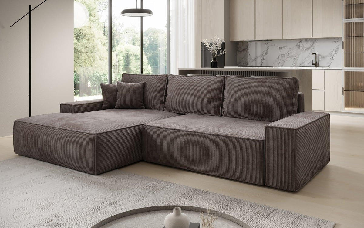 Designer Sofa Verona with wide ottoman, sleeper and folding function in Corduroy