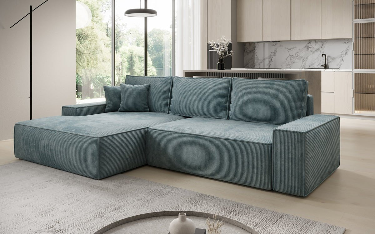 Designer Sofa Verona with wide ottoman, sleeper and folding function in Corduroy