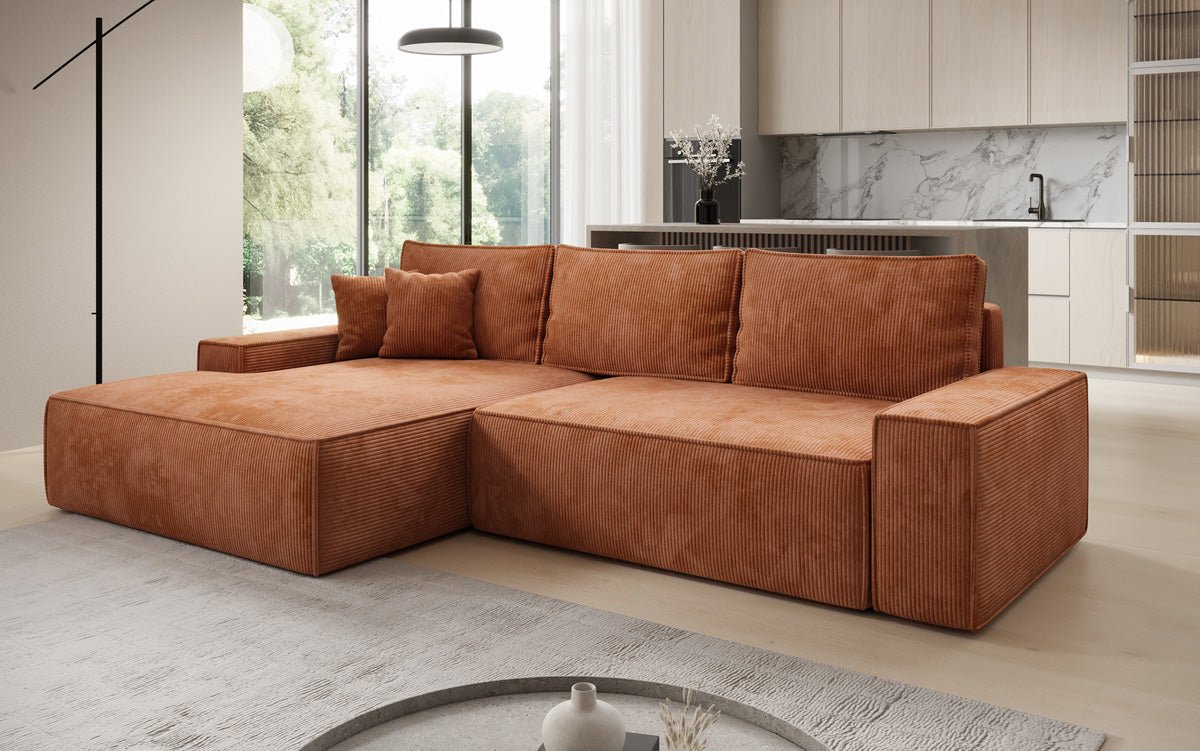 Designer Sofa Verona with wide ottoman, sleeper and folding function in Corduroy