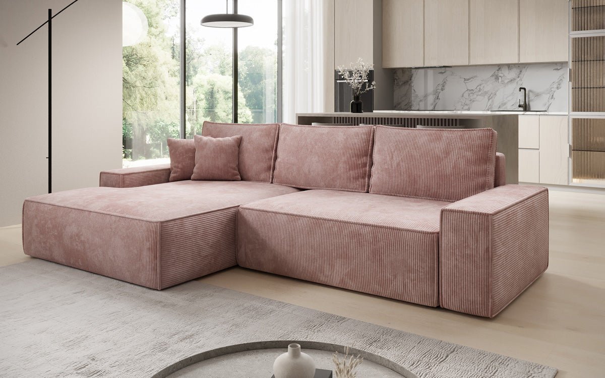 Designer Sofa Verona with wide ottoman, sleeper and folding function in Corduroy