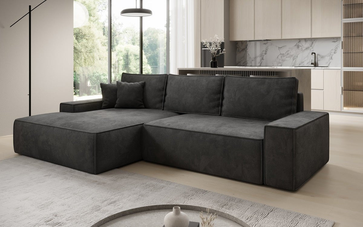 Designer Sofa Verona with wide ottoman, sleeper and folding function in Corduroy