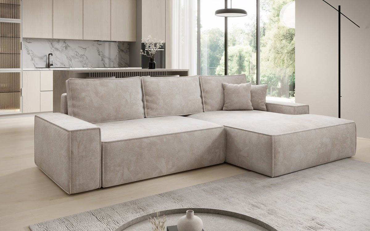 Designer Sofa Verona with wide ottoman, sleeper and folding function in Corduroy