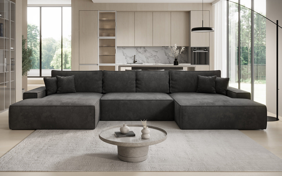 Designer Sofa Verona U mit breiter Ottomane mit Schlaffunktion und Stauraum in Cord