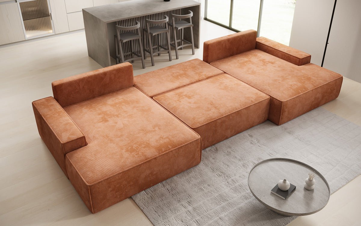 Designer Sofa Verona U mit breiter Ottomane mit Schlaffunktion und Stauraum in Cord