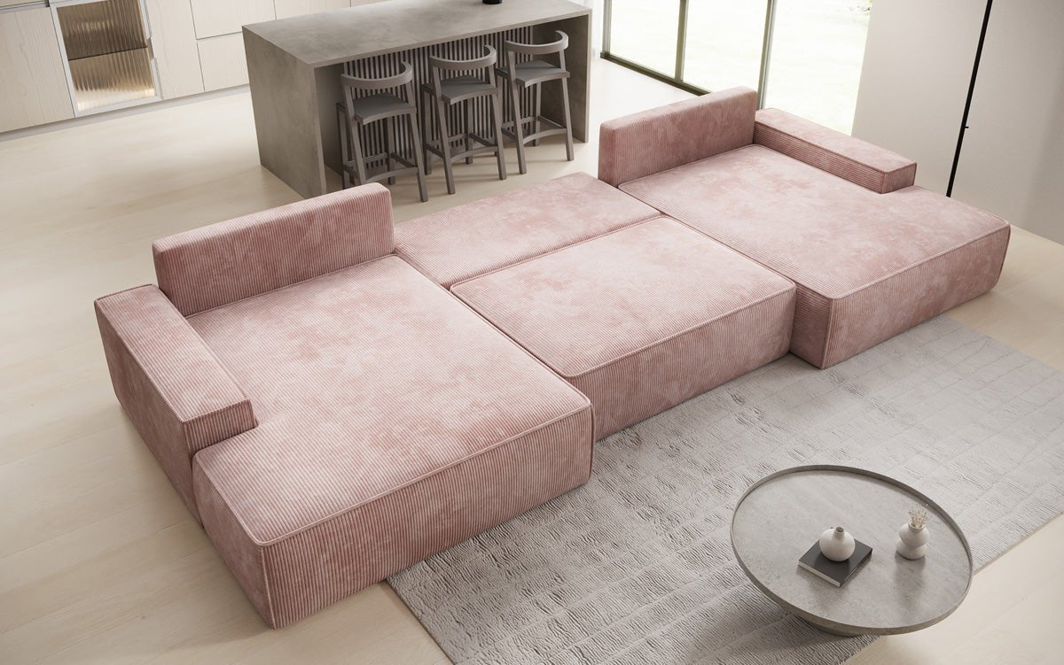 Designer Sofa Verona U mit breiter Ottomane mit Schlaffunktion und Stauraum in Cord