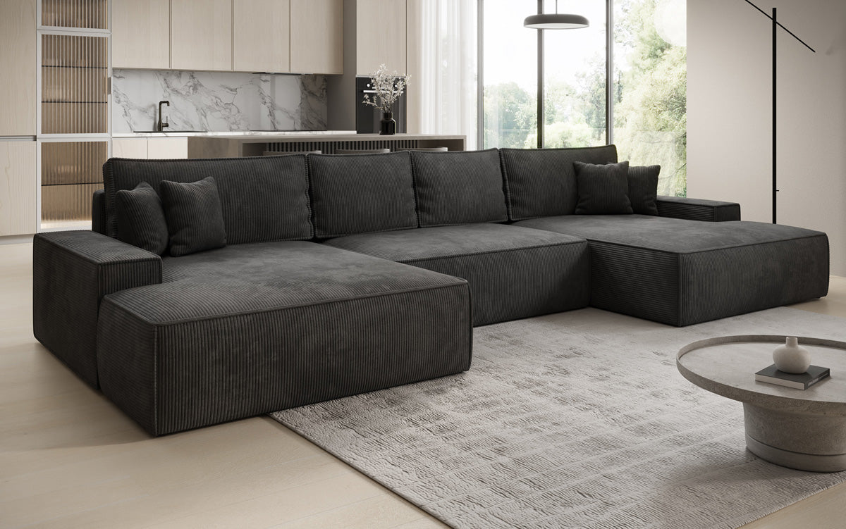 Designer Sofa Verona U mit breiter Ottomane mit Schlaffunktion und Stauraum in Cord