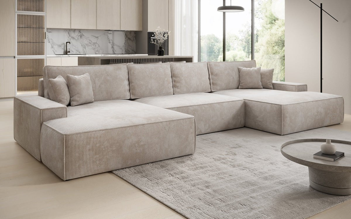 Designer Sofa Verona U mit breiter Ottomane mit Schlaffunktion und Stauraum in Cord