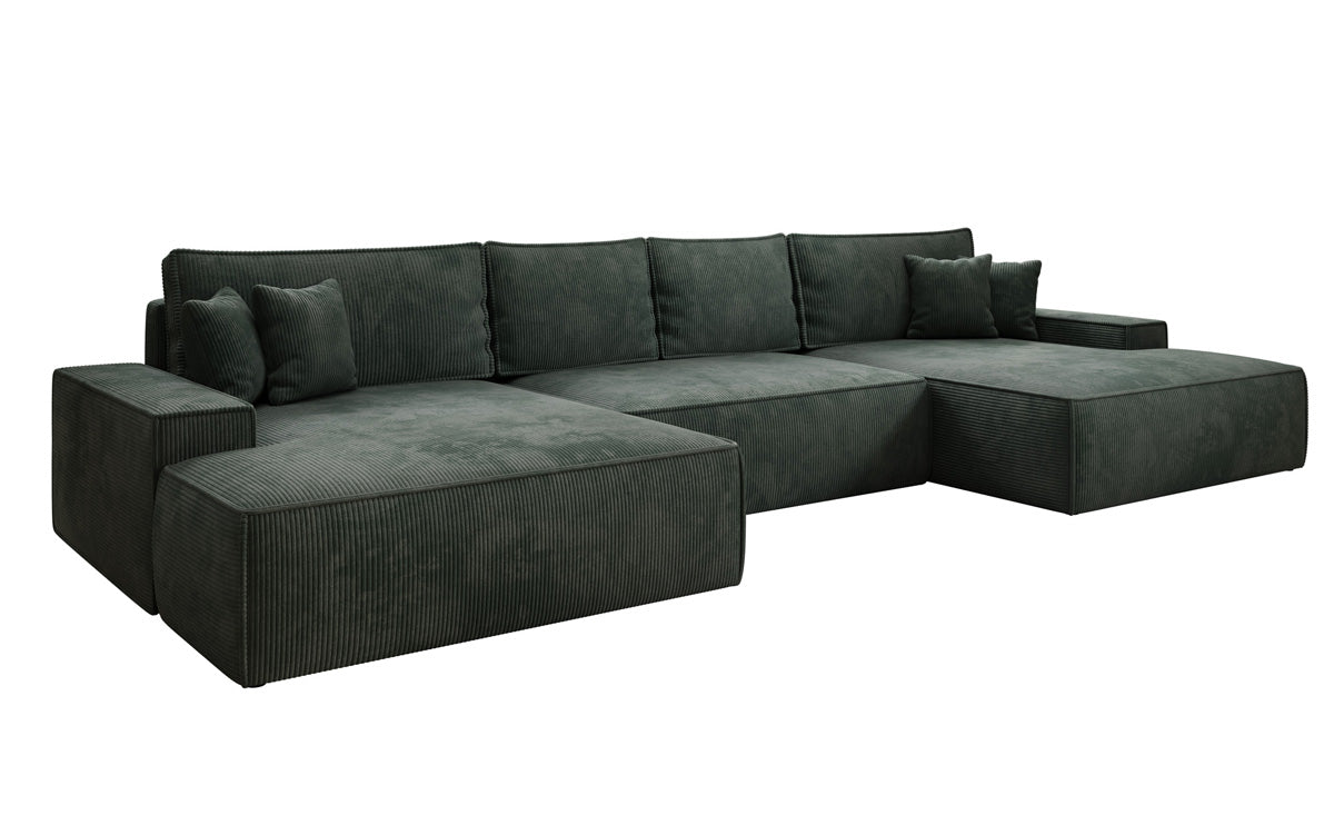 Designer Sofa Verona U mit breiter Ottomane mit Schlaffunktion und Stauraum in Cord