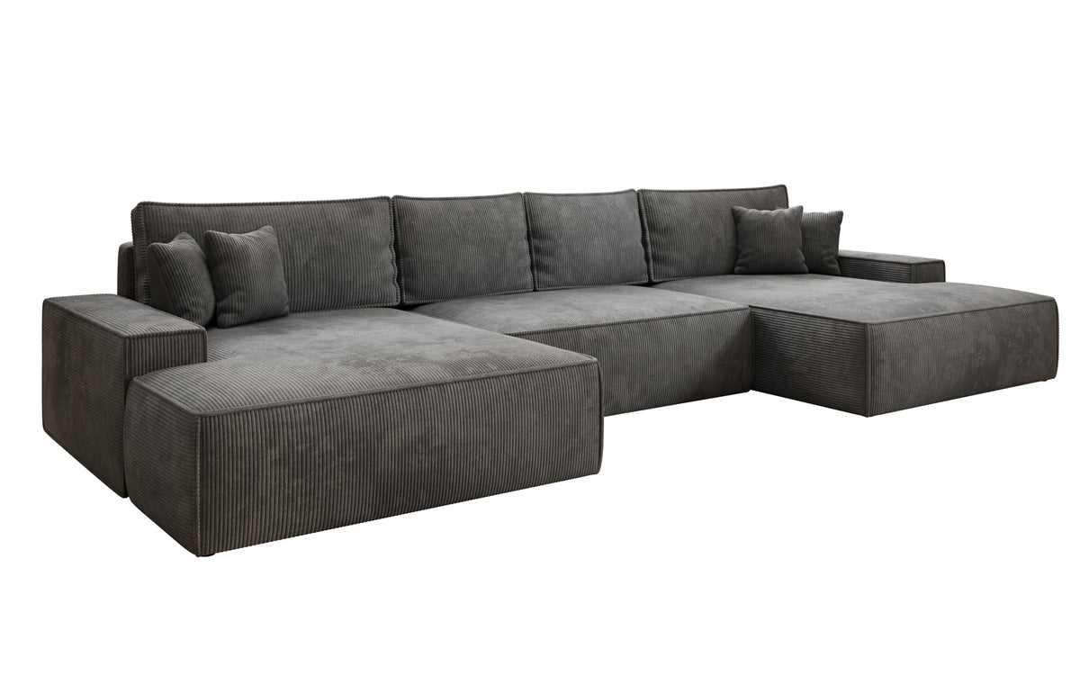 Designer Sofa Verona U mit breiter Ottomane mit Schlaffunktion und Stauraum in Cord