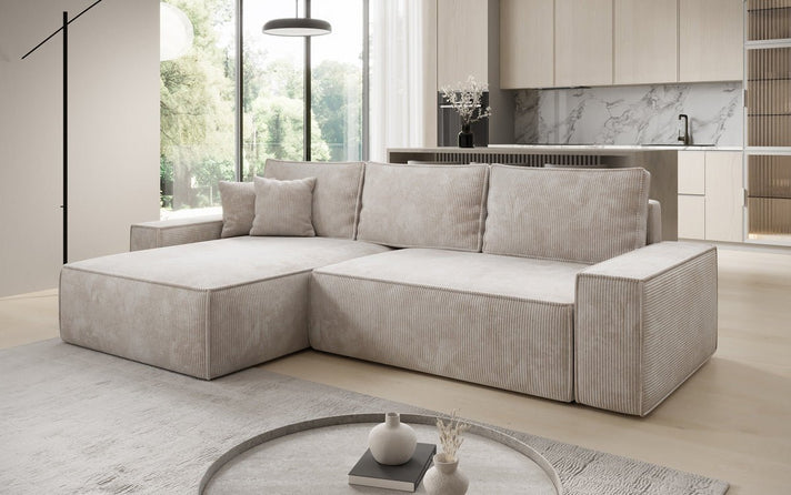 Designer corner sofa Lunaro with sleeping and fold-out function in Corduroy