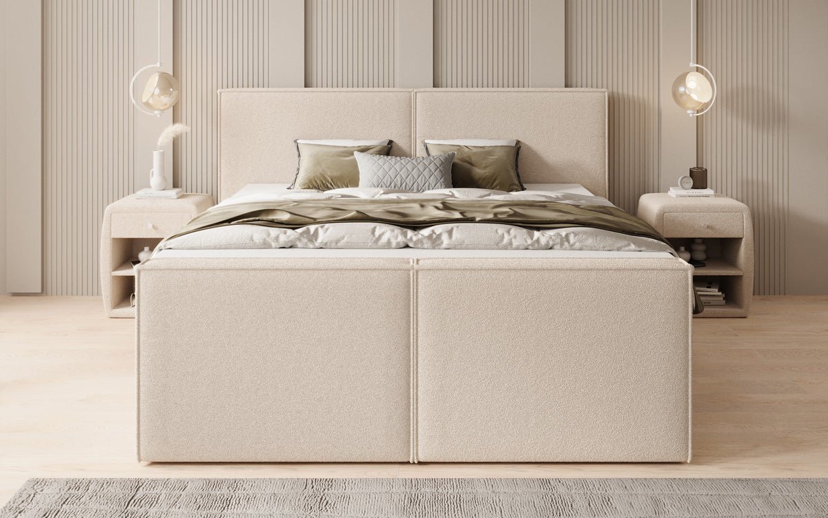 Box spring bed Ophelia II with drawers in teddy bouclé