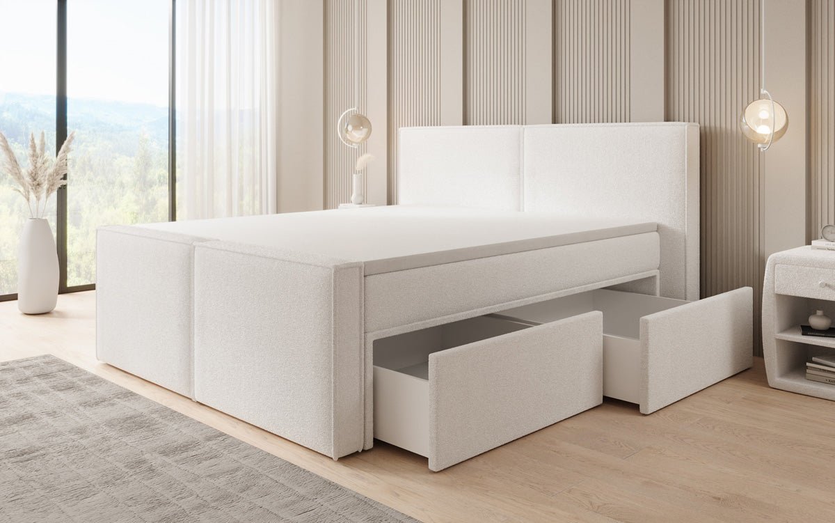 Box spring bed Ophelia II with drawers in teddy bouclé