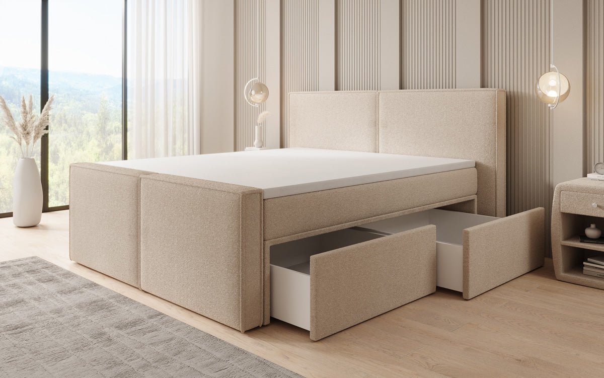 Box spring bed Ophelia II with drawers in teddy bouclé