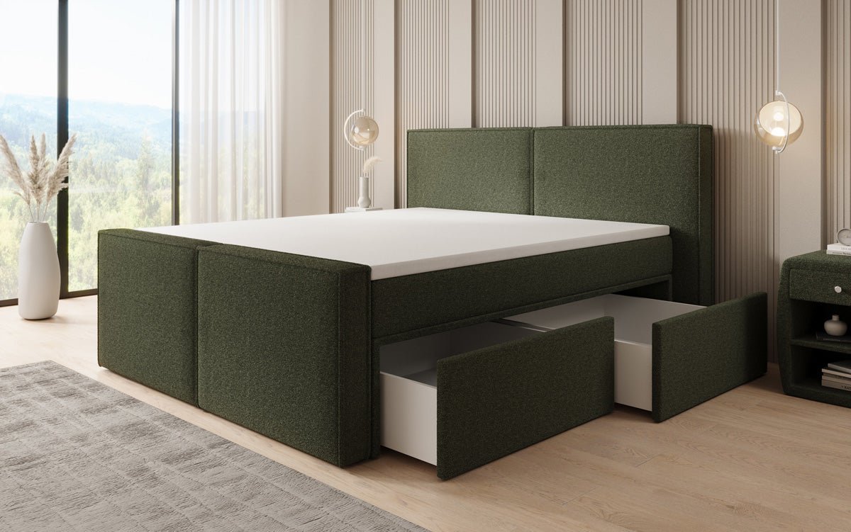 Box spring bed Ophelia II with drawers in teddy bouclé