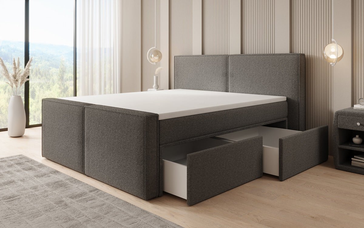 Box spring bed Ophelia II with drawers in teddy bouclé