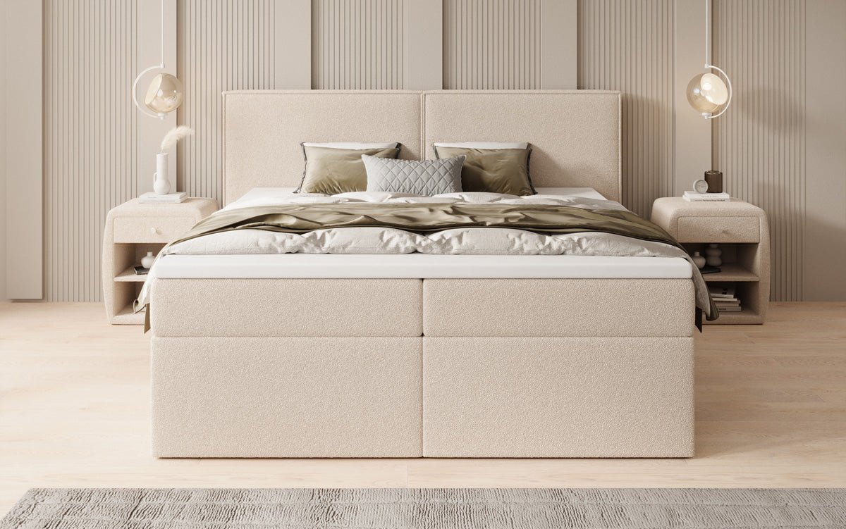 Box spring bed Ophelia with drawers in teddy bouclé