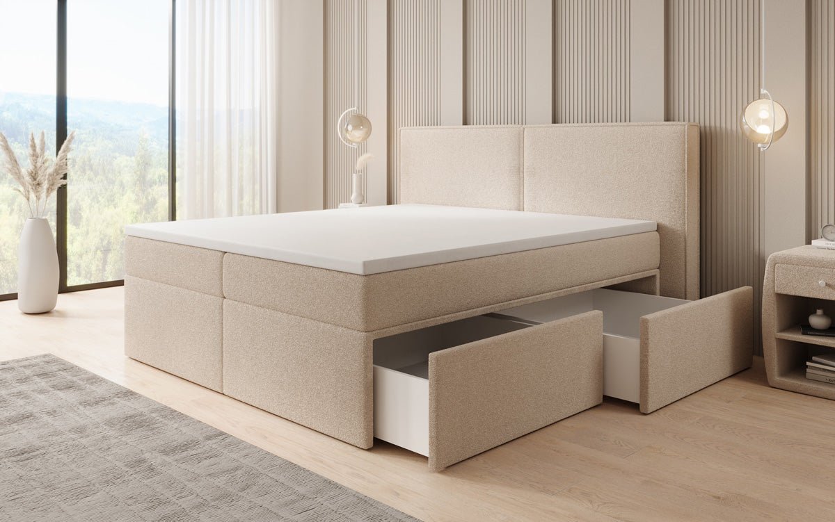 Box spring bed Ophelia with drawers in teddy bouclé