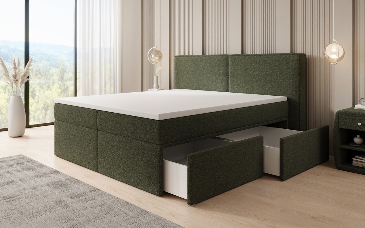 Box spring bed Ophelia with drawers in teddy bouclé