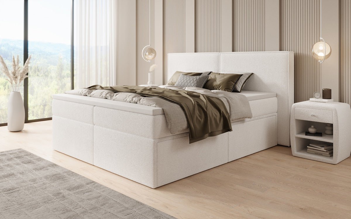 Box spring bed Ophelia with drawers in teddy bouclé