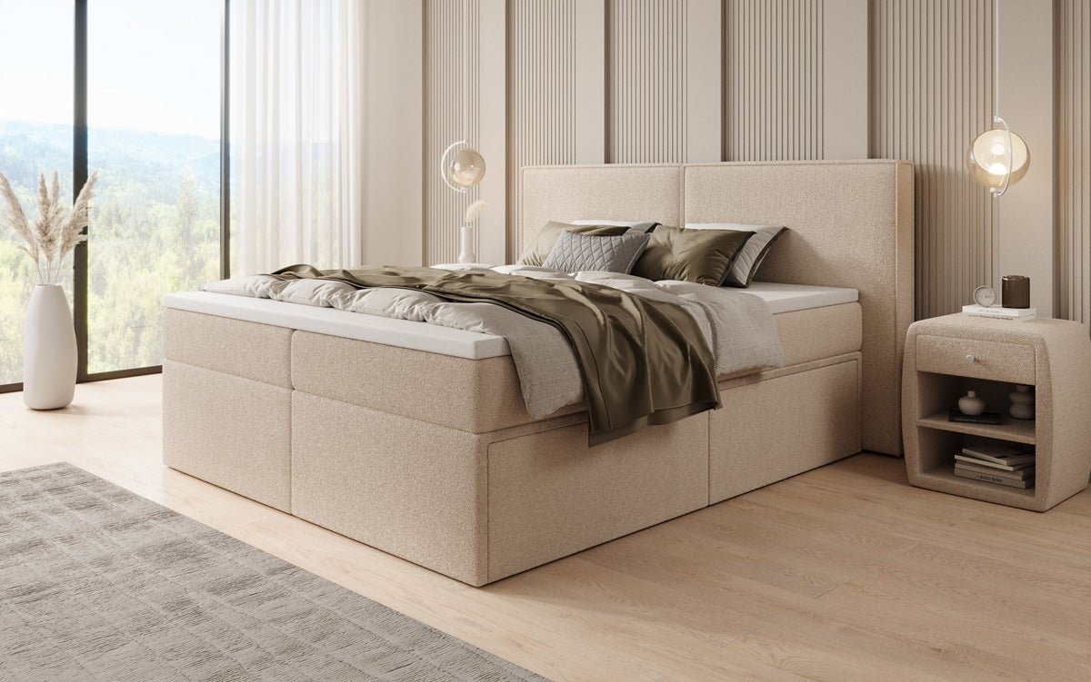 Box spring bed Ophelia with drawers in teddy bouclé