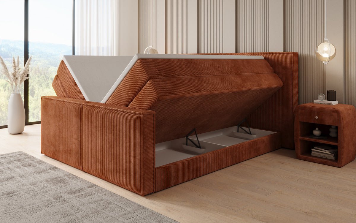 Box spring bed Ophelia II with lift-up storage in Corduroy