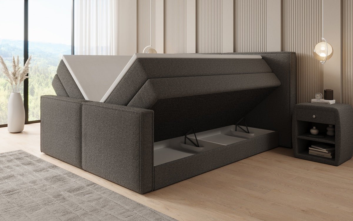 Boxspringbett Ophelia II mit hochklappbarem Stauraum in Teddy Bouclé