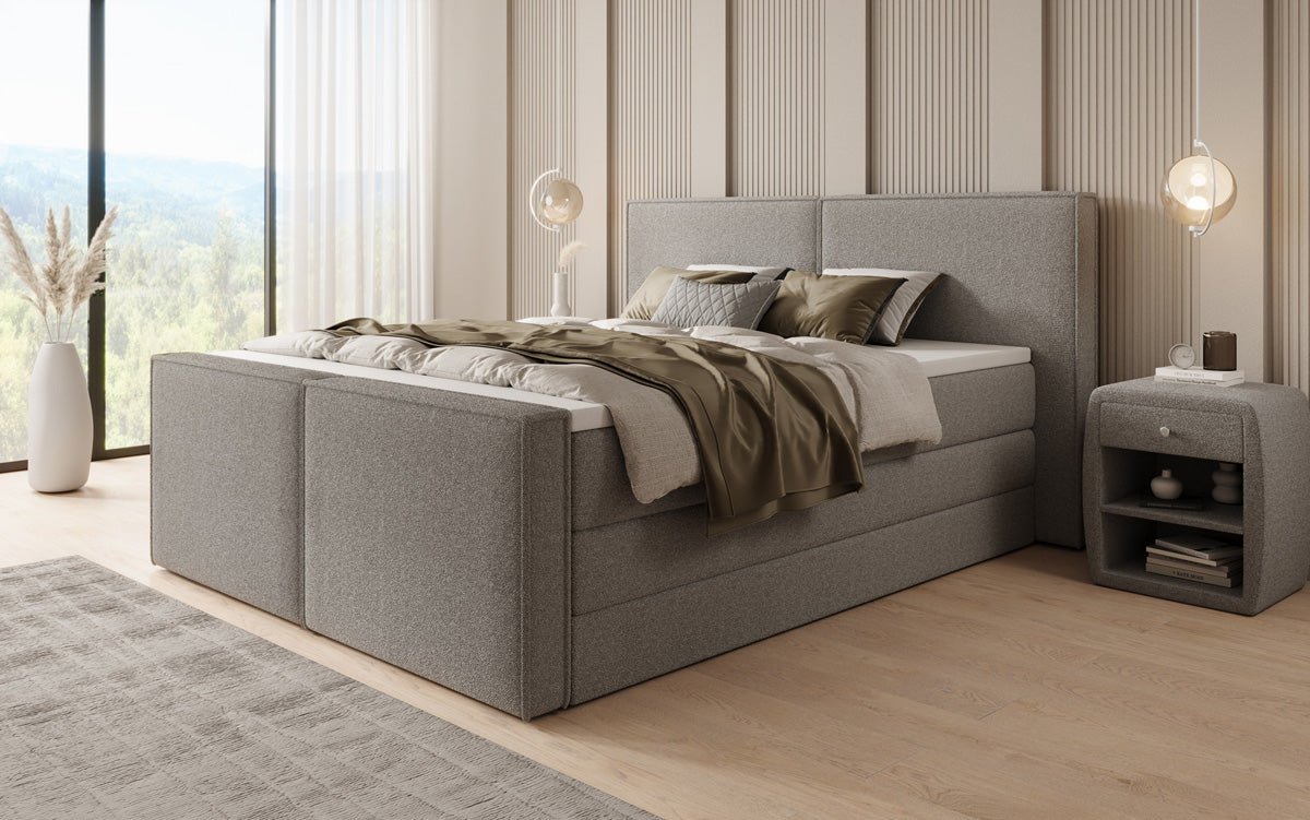 Boxspringbett Ophelia II mit hochklappbarem Stauraum in Teddy Bouclé