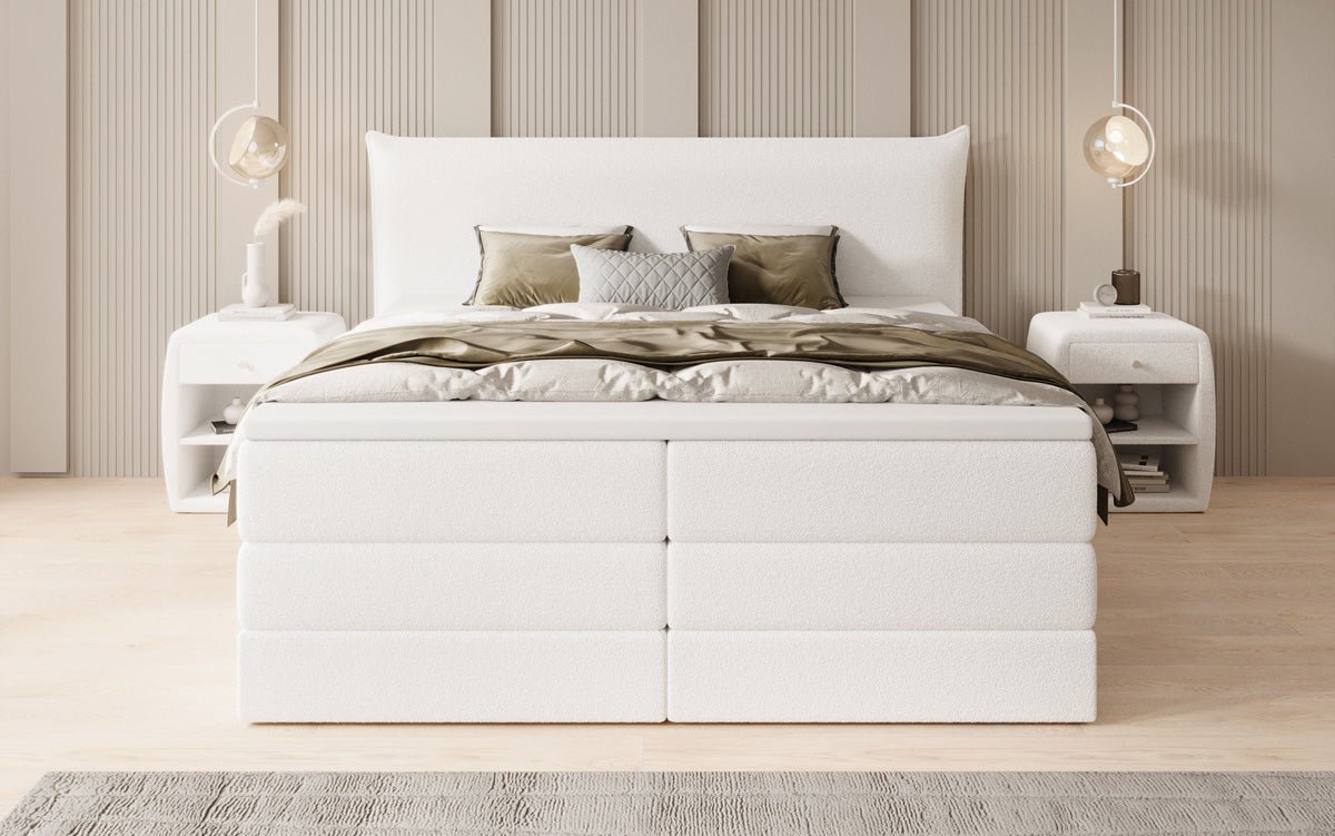 Box spring bed Liana with lift-up storage in teddy bouclé