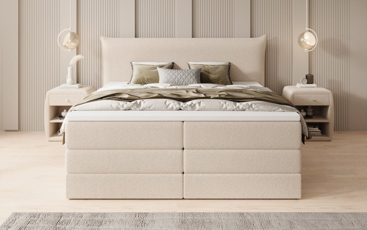Box spring bed Liana with lift-up storage in teddy bouclé