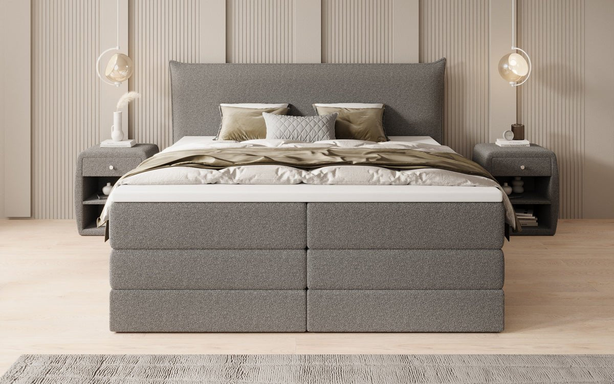 Box spring bed Liana with lift-up storage in teddy bouclé