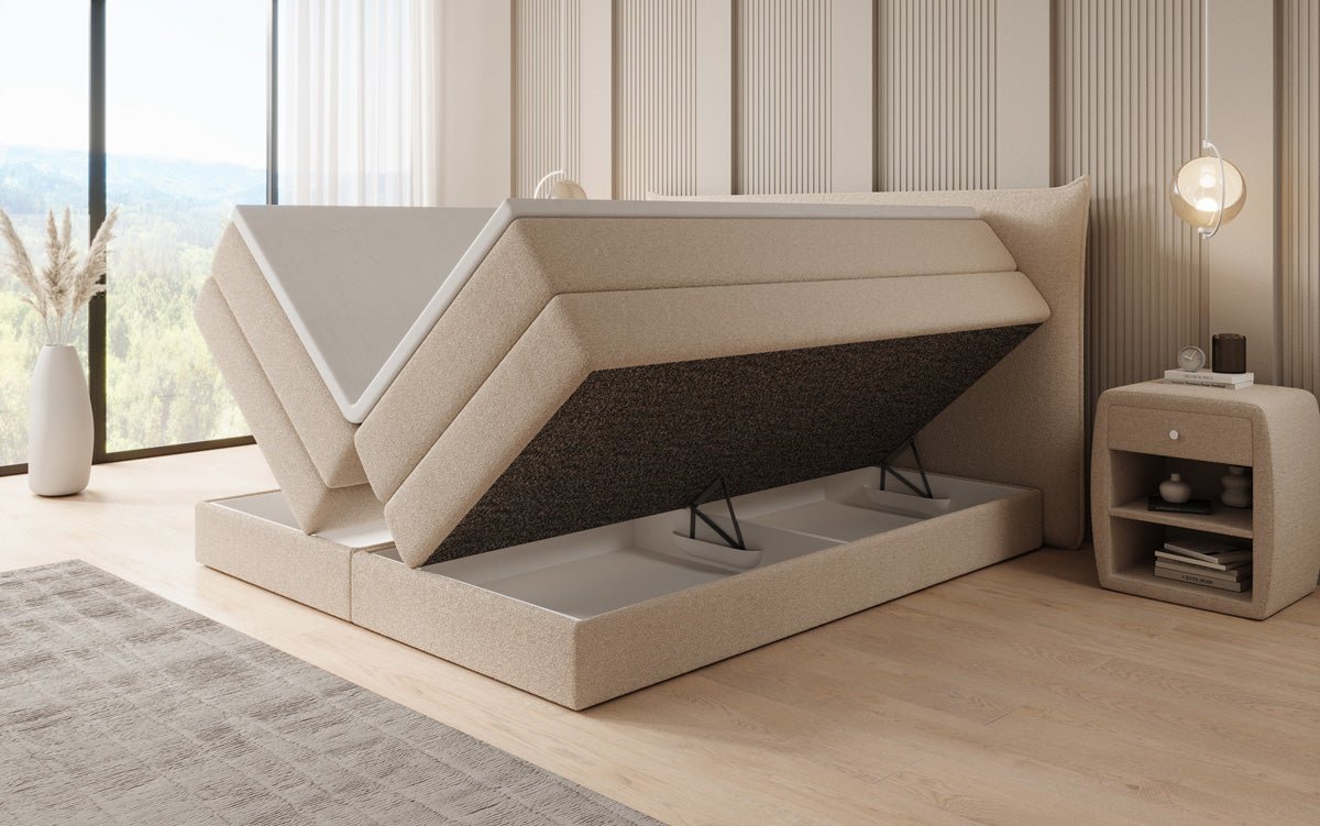 Box spring bed Liana with lift-up storage in teddy bouclé