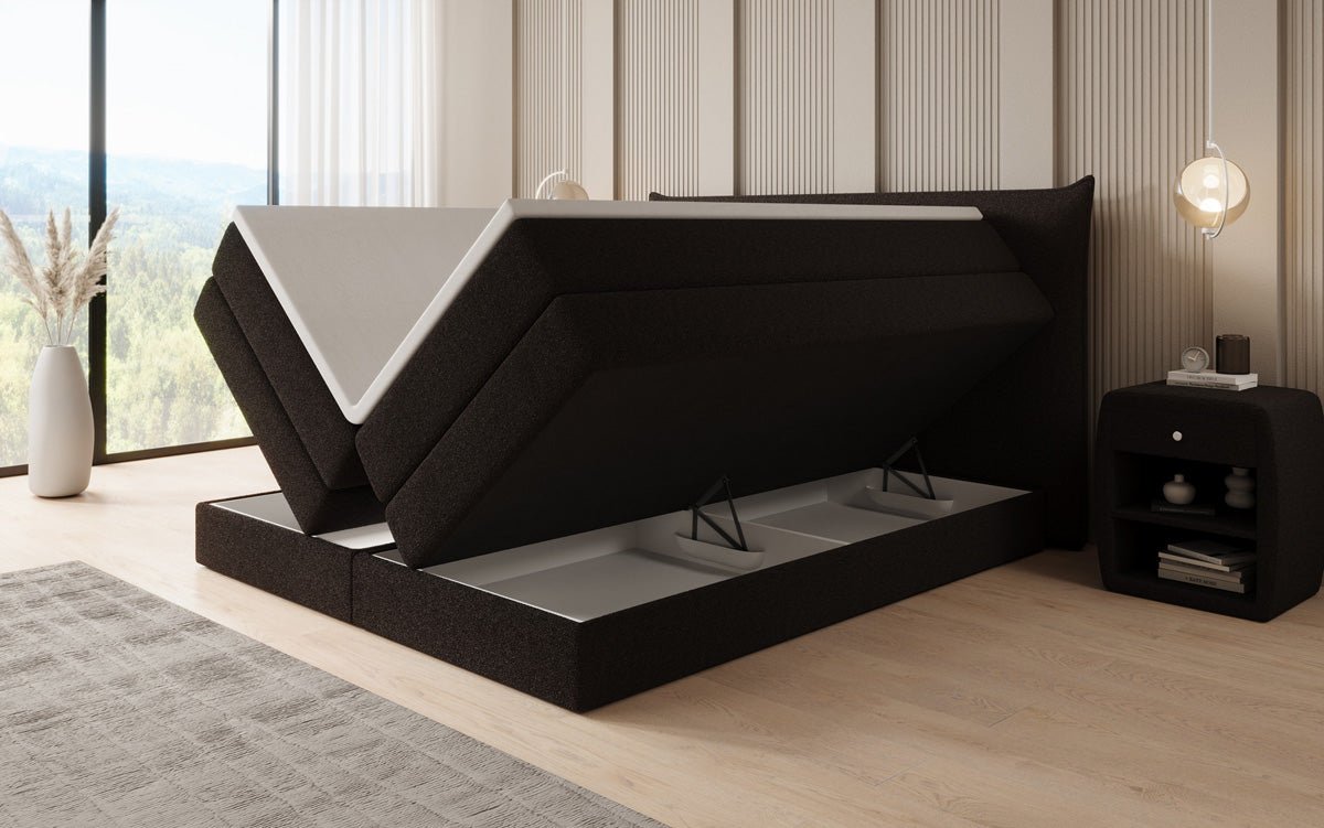 Box spring bed Liana with lift-up storage in teddy bouclé