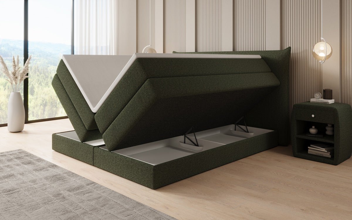 Box spring bed Liana with lift-up storage in teddy bouclé