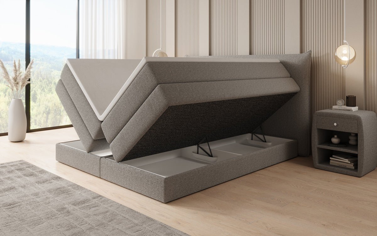 Box spring bed Liana with lift-up storage in teddy bouclé