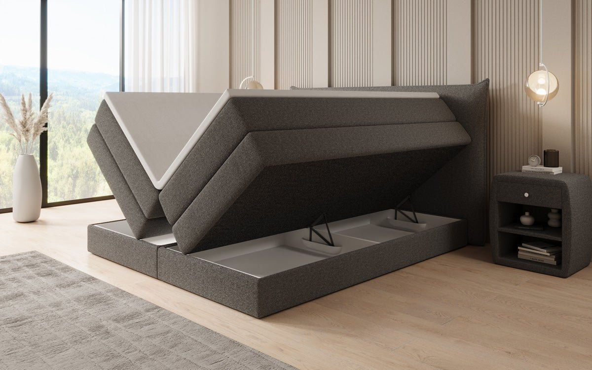 Box spring bed Liana with lift-up storage in teddy bouclé