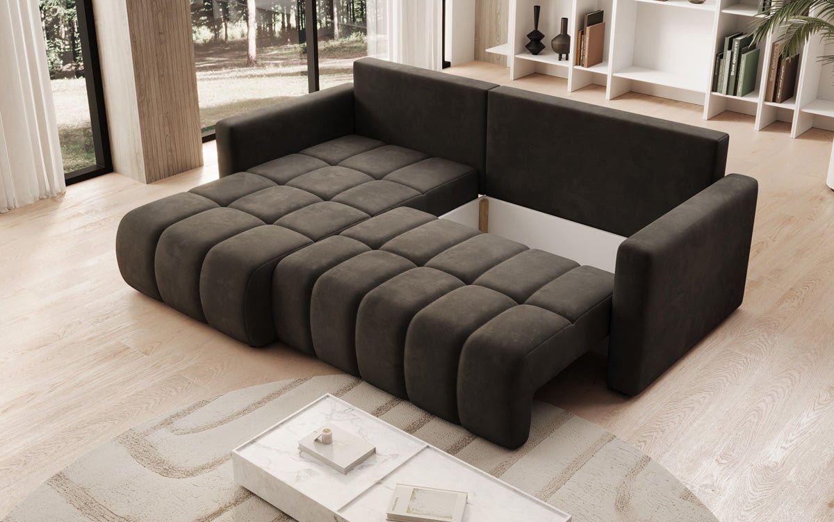 Designer sofa Beatrice L with sleeping and folding function in velvet