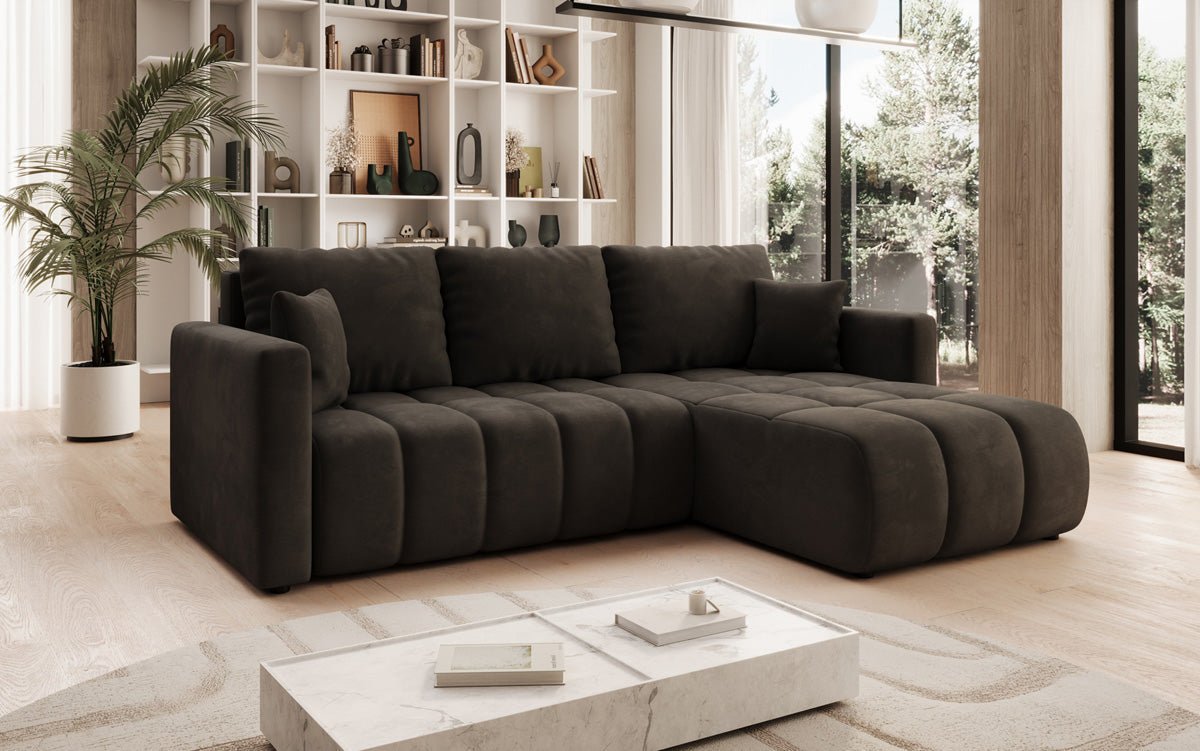 Designer sofa Beatrice L with sleeping and folding function in velvet