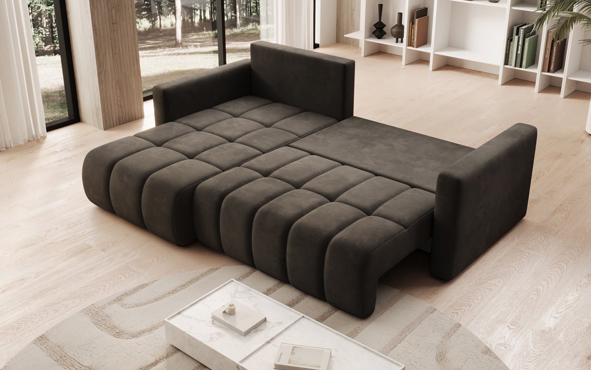 Designer sofa Beatrice L with sleeping and folding function in velvet