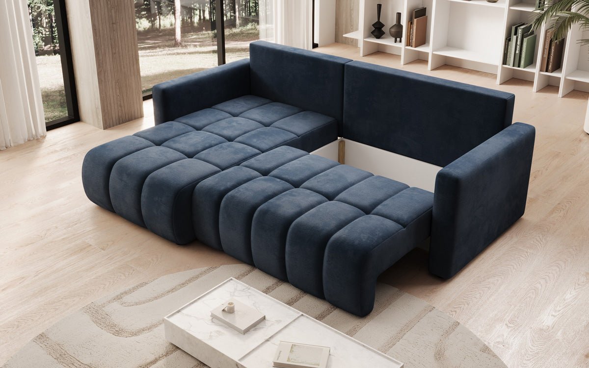 Designer sofa Beatrice L with sleeping and folding function in velvet