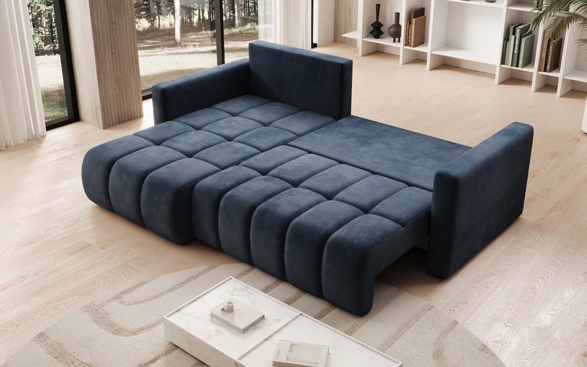 Designer sofa Beatrice L with sleeping and folding function in velvet