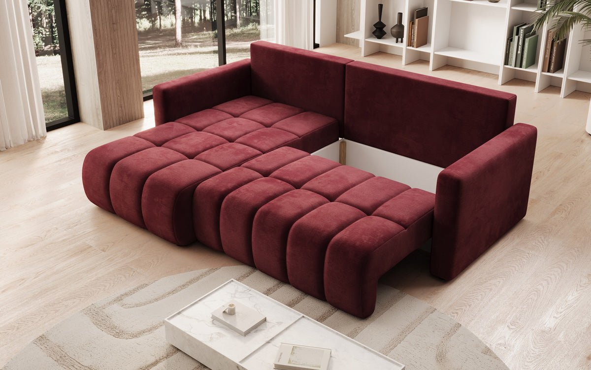 Designer sofa Beatrice L with sleeping and folding function in velvet